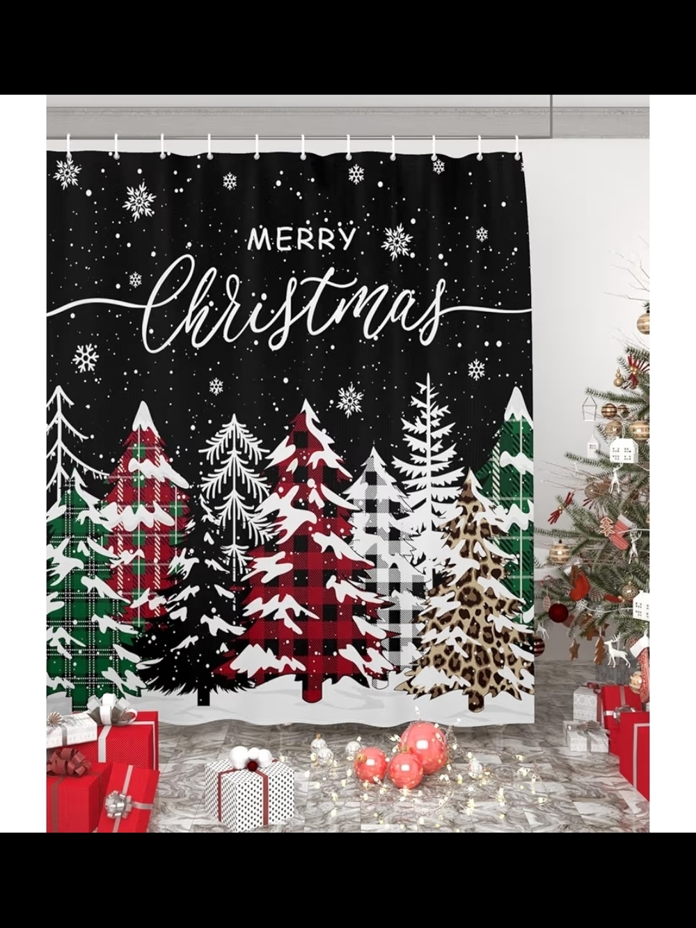 New 72x72 Christmas Tree Black Shower Curtain, Snowflake Leopard Buffalo Plaid S